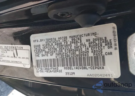 2002 Toyota Camry Xle from USA, damaged, VIN 4T1BE30K12U088903